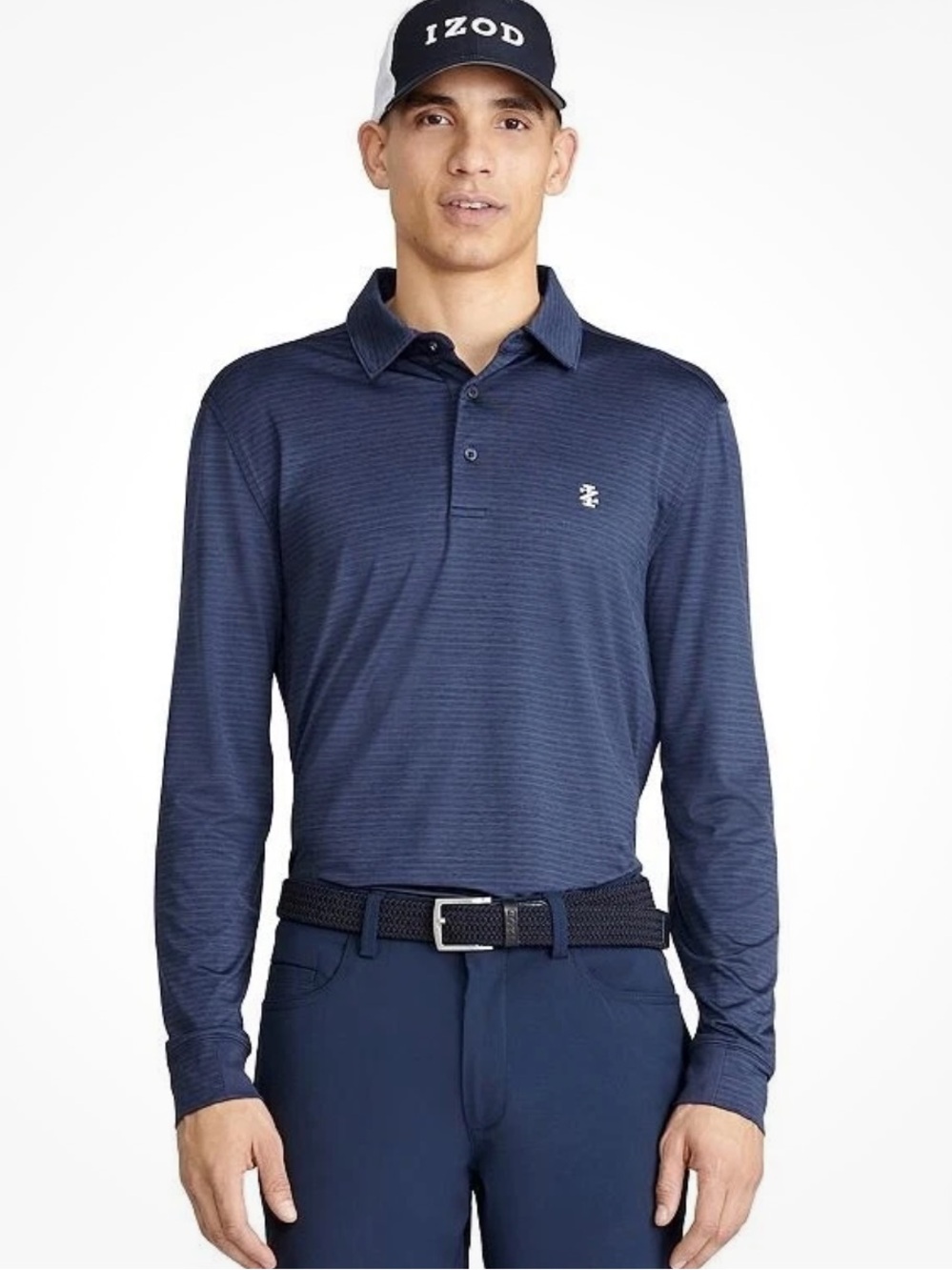 New Izod Men's Long-Sleeve Golf Polo  Navy Blazer Striped Performance Polo XL
